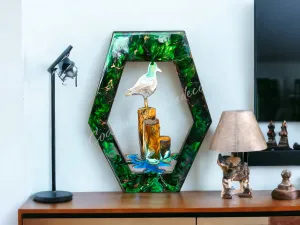 14 Inch Handmade Seagull on Pier Octagon Resin and Wood Green Decor