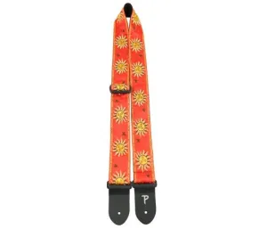 2” YELLOW SUNS ON RED JACQUARD WITH LEATHER ENDS