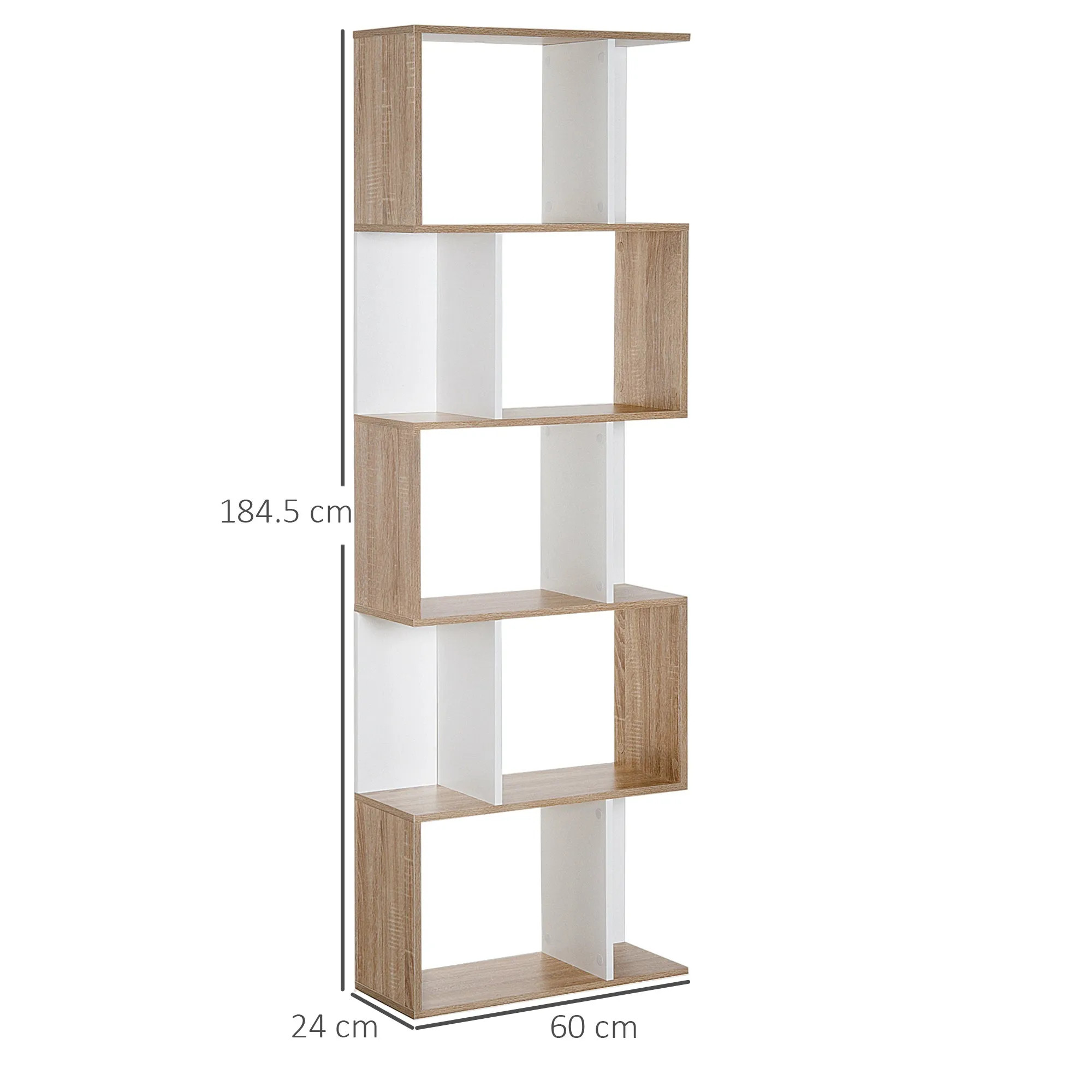 5-tier Bookcase Storage Display Shelving S Shape design Unit Divider Natural