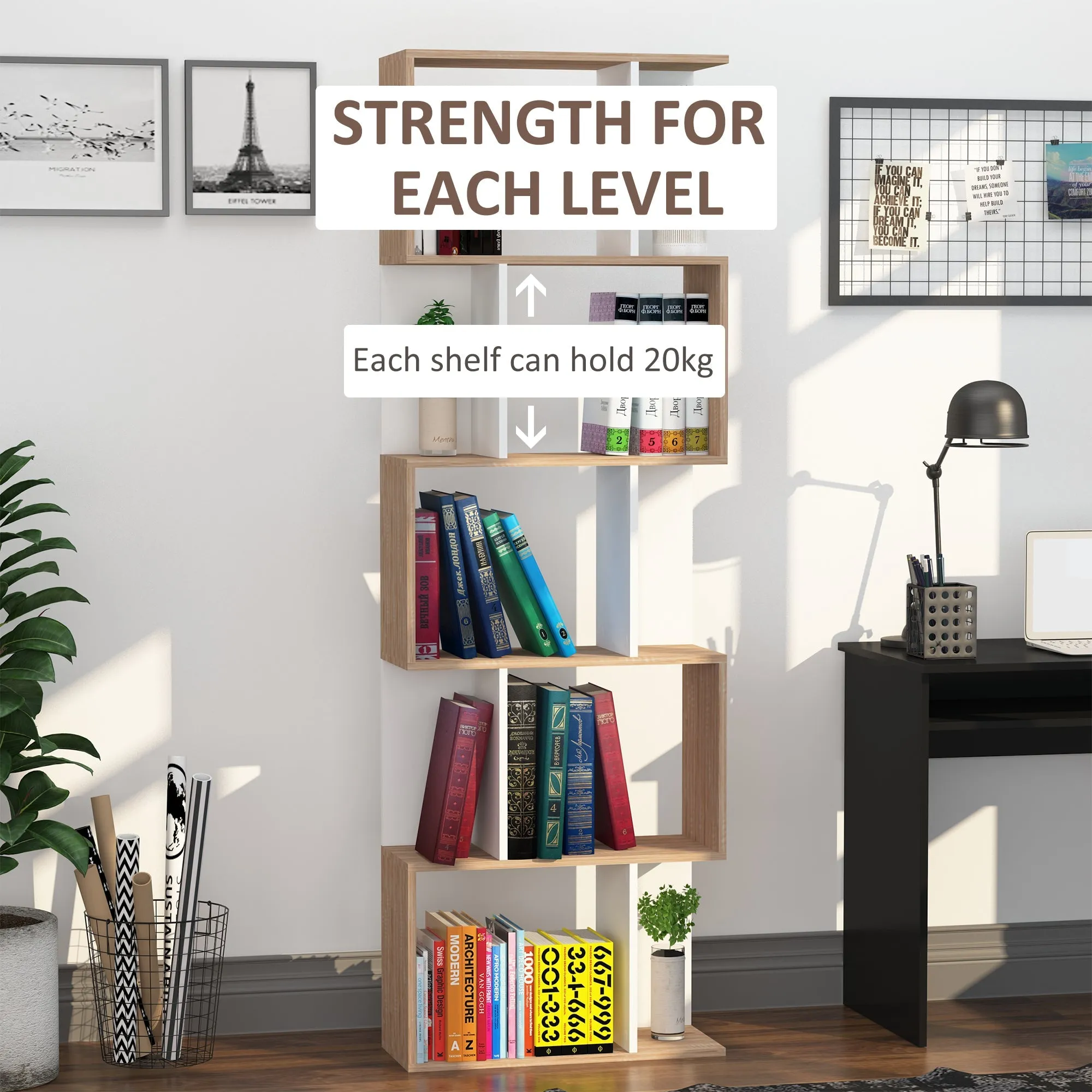 5-tier Bookcase Storage Display Shelving S Shape design Unit Divider Natural
