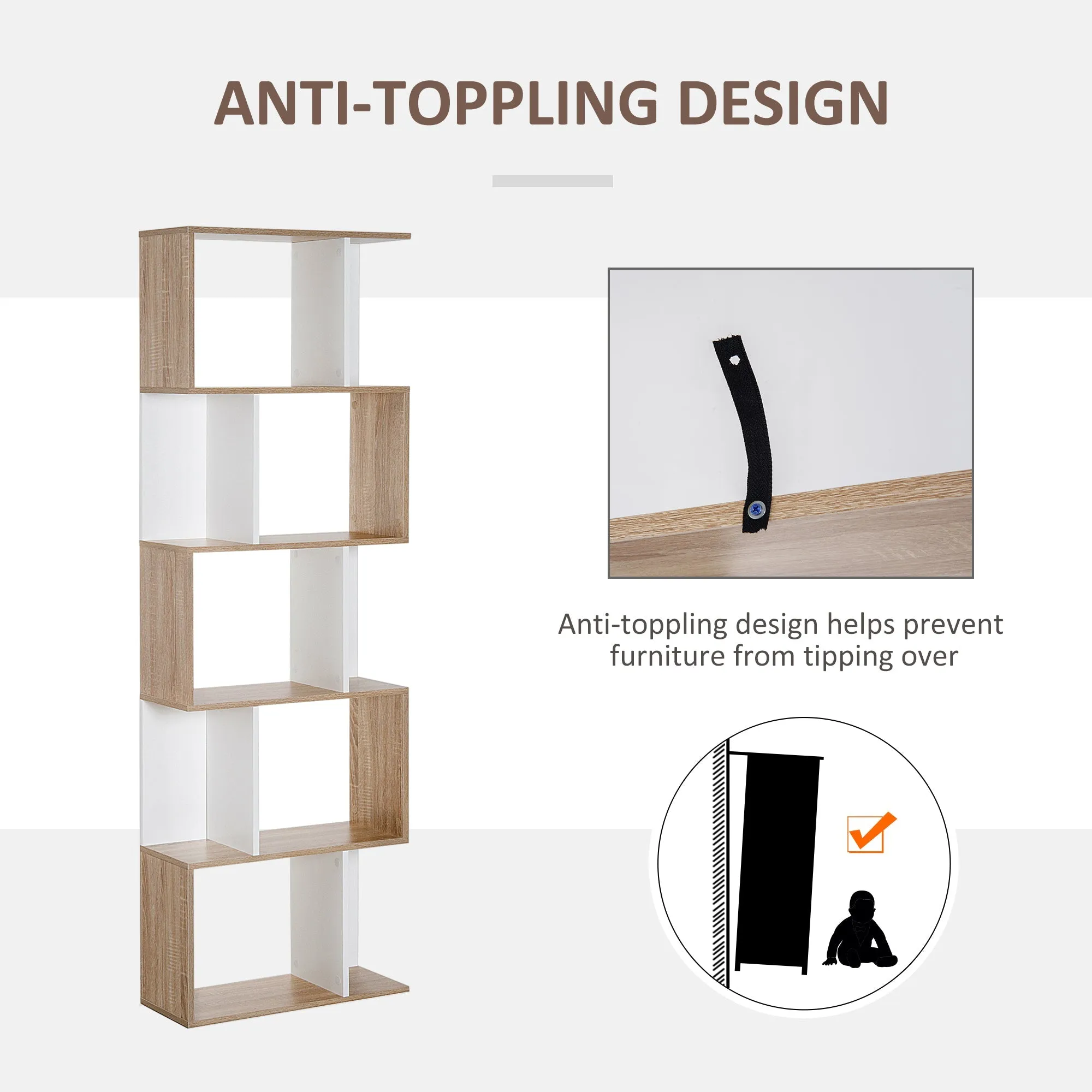 5-tier Bookcase Storage Display Shelving S Shape design Unit Divider Natural