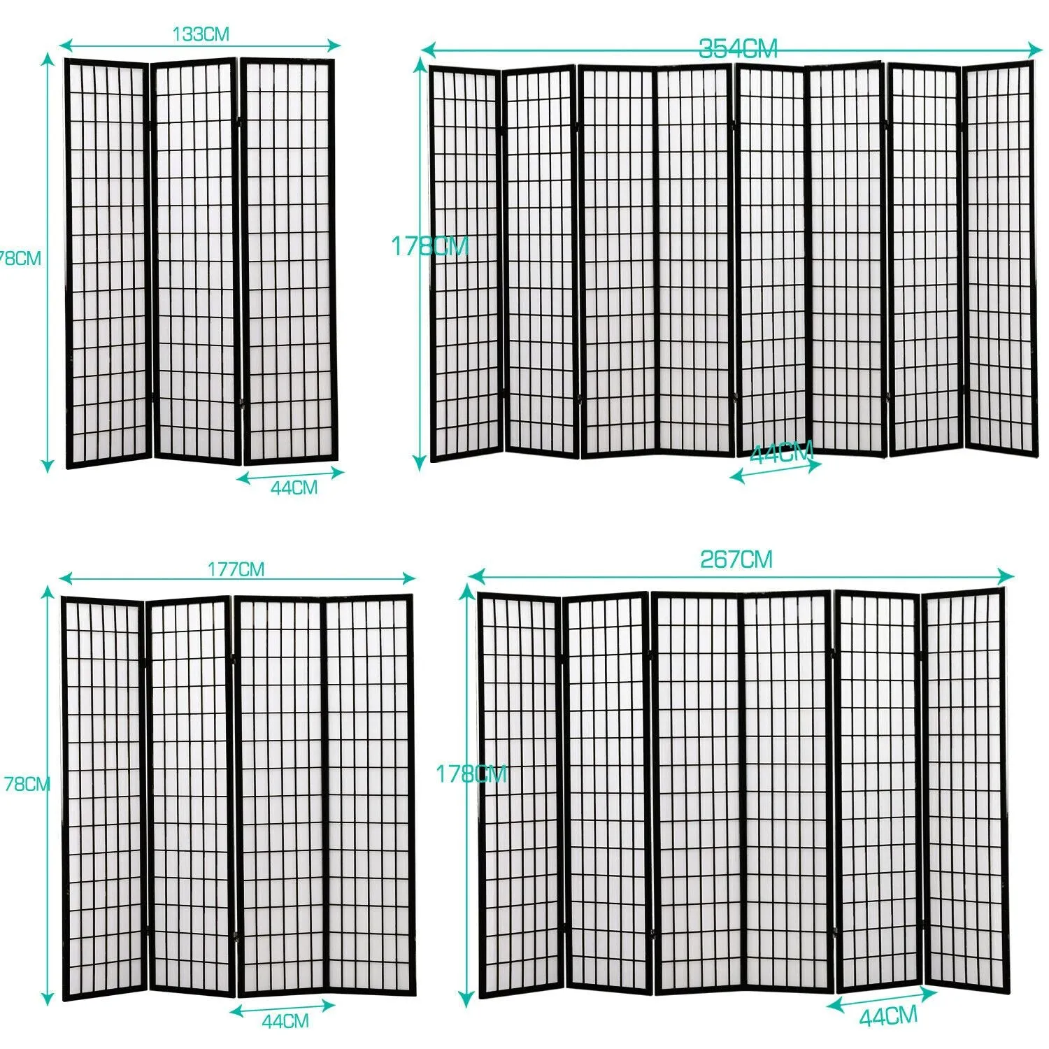 8 Panel Free Standing Foldable  Room Divider Privacy Screen Black Frame