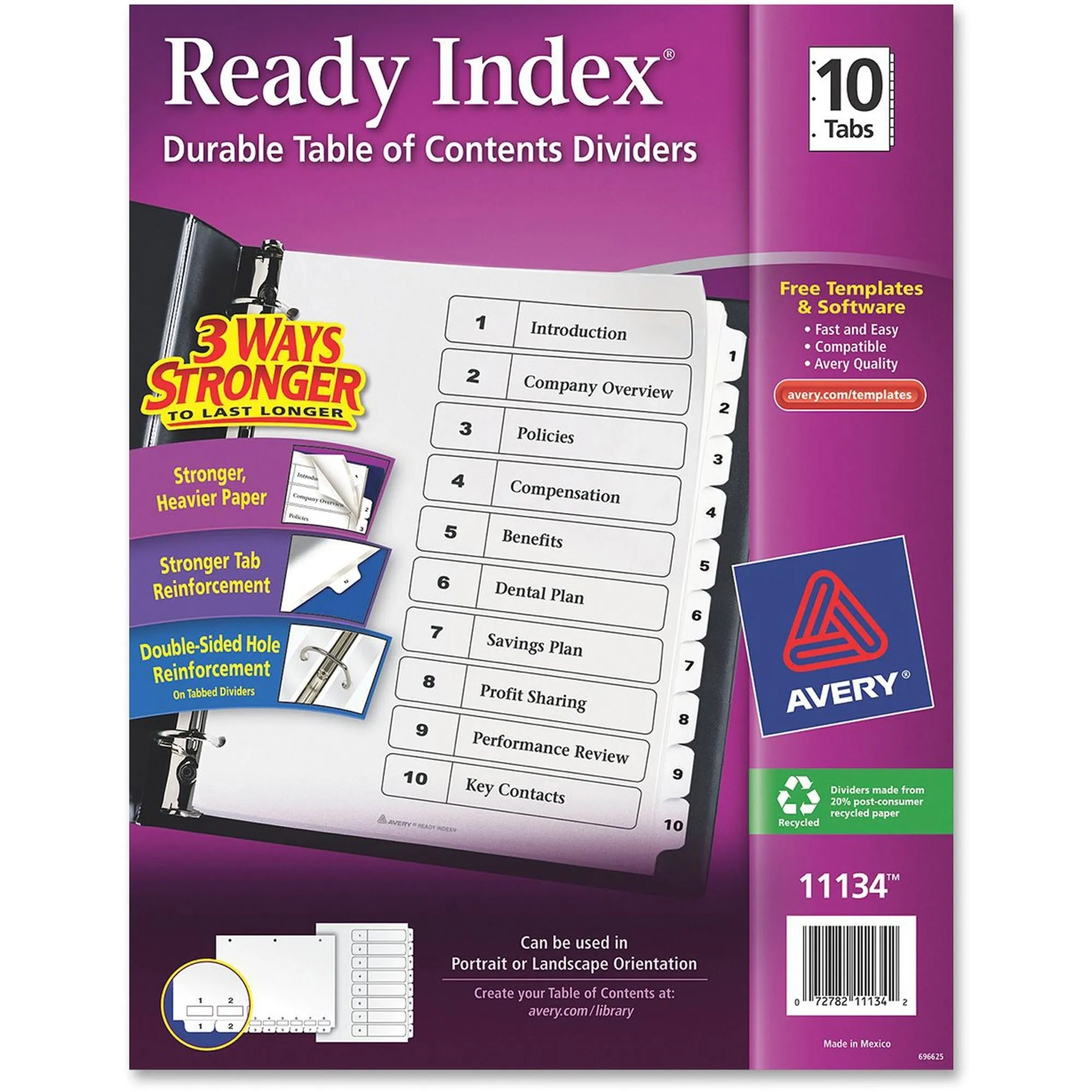 Avery® Customizable Table of Contents Dividers, Ready Index(R) Printable Section Titles, Preprinted 1-10 White Tabs, 1 Set (11134)