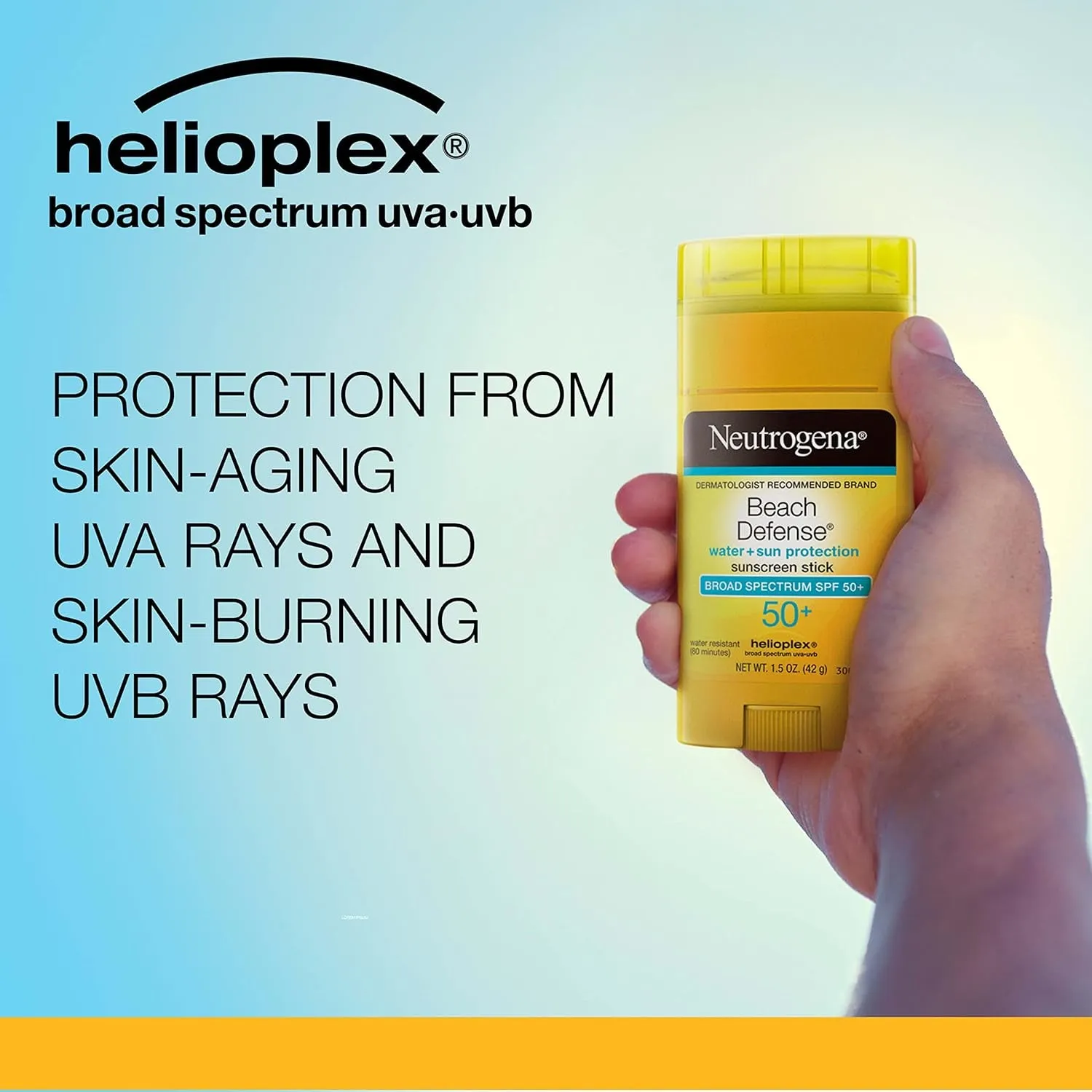 Beach Defense Water-Resistant SPF 50  Sunscreen Stick, Broad Spectrum UVA/UVB Protection, PABA- & Oxybenzone-Free Face & Body Sunscreen Stick, Hands-Free Application, 1.5 Oz
