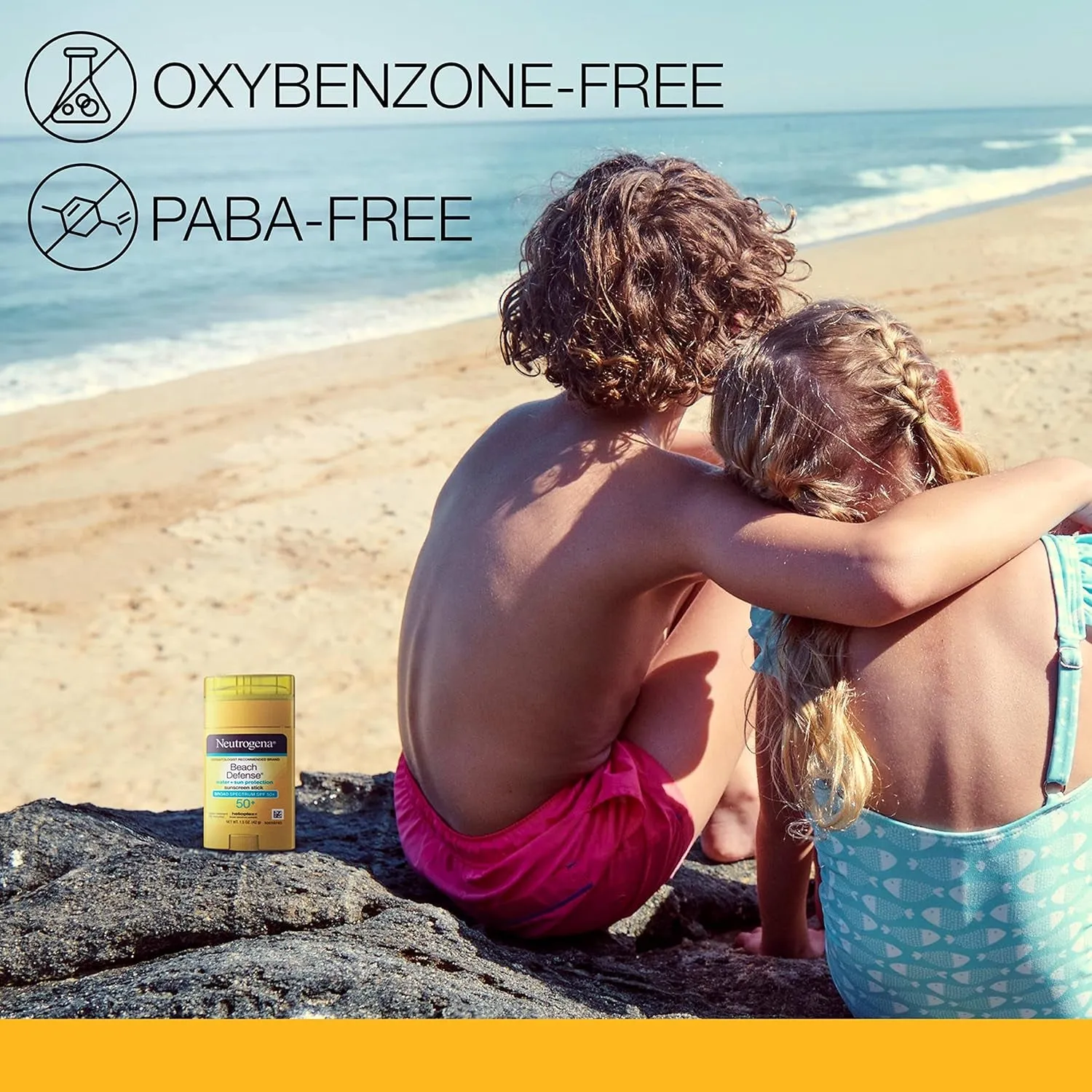 Beach Defense Water-Resistant SPF 50  Sunscreen Stick, Broad Spectrum UVA/UVB Protection, PABA- & Oxybenzone-Free Face & Body Sunscreen Stick, Hands-Free Application, 1.5 Oz