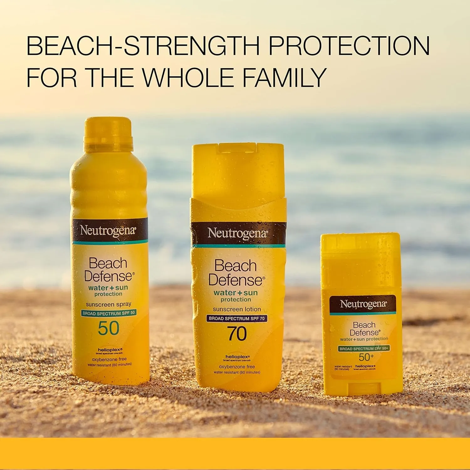 Beach Defense Water-Resistant SPF 50  Sunscreen Stick, Broad Spectrum UVA/UVB Protection, PABA- & Oxybenzone-Free Face & Body Sunscreen Stick, Hands-Free Application, 1.5 Oz