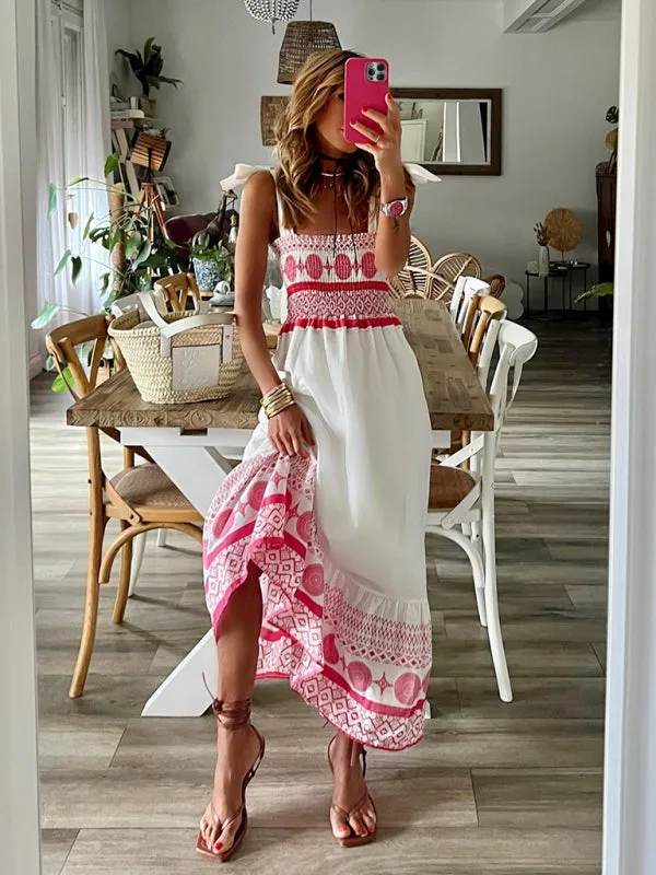 Bohemian Maxi Dress with Geometric Print and Elastic Bodice