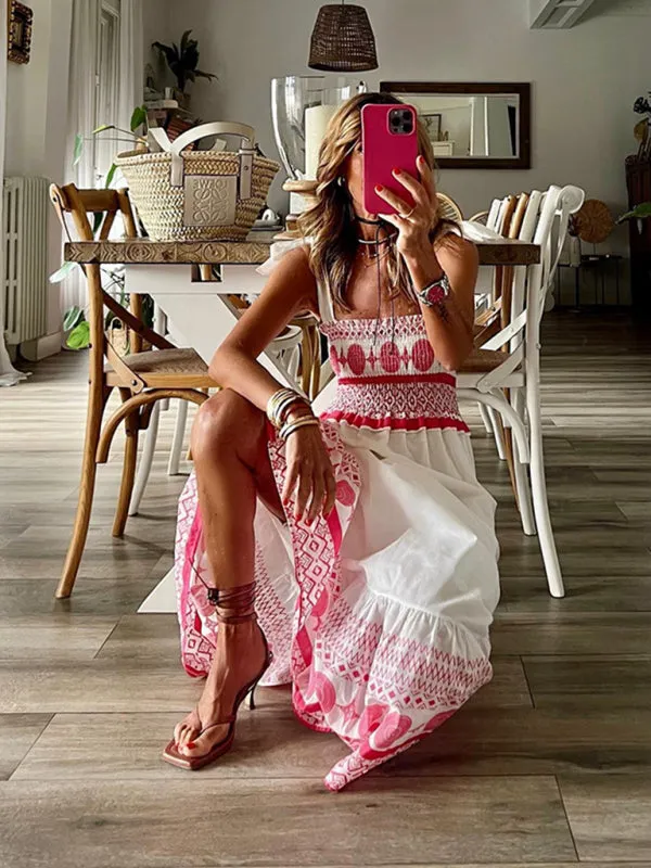 Bohemian Maxi Dress with Geometric Print and Elastic Bodice
