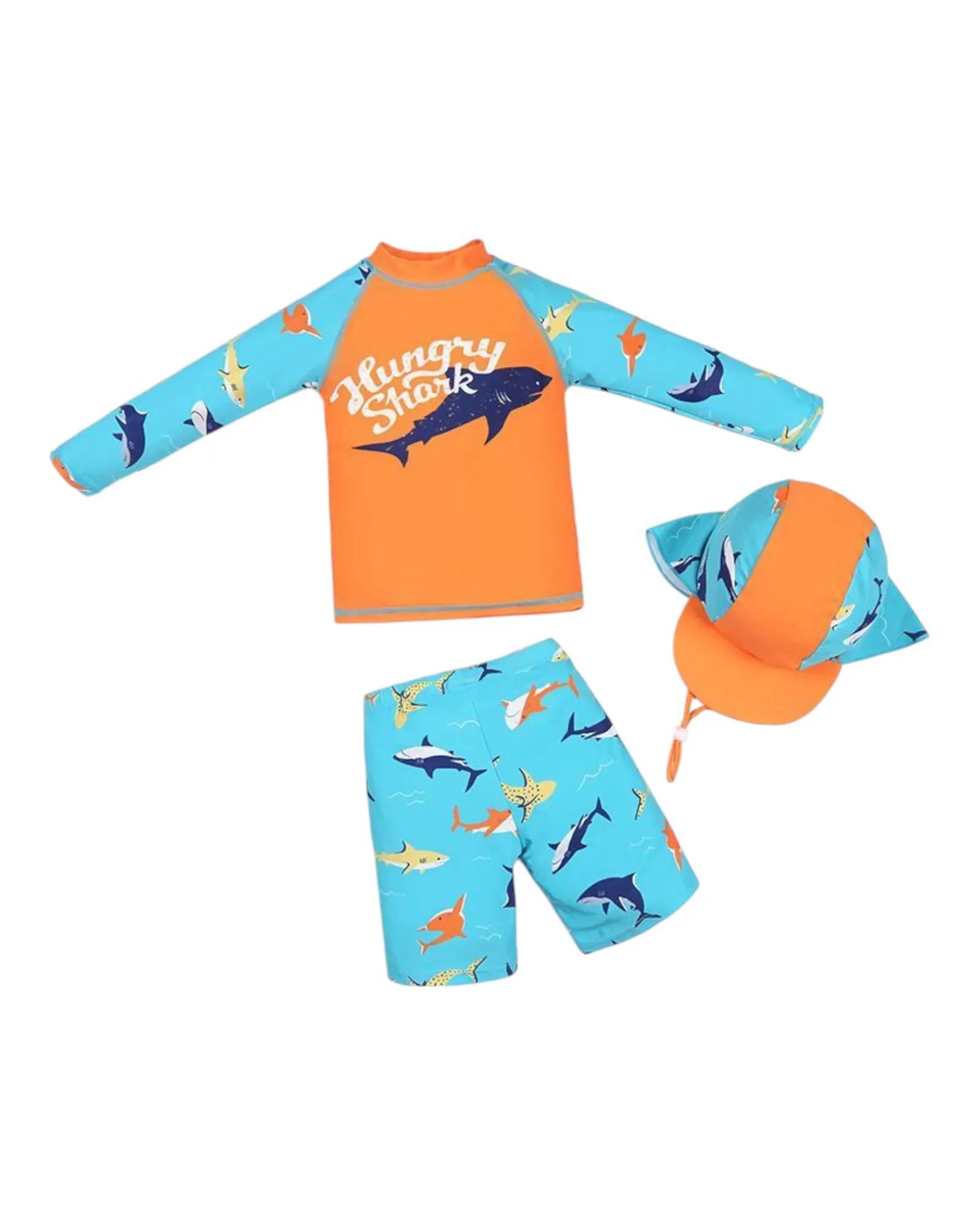 Boys' Shark Patterned Three-Piece Swim Outfit Set with Hat