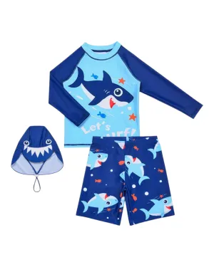 Boys' Shark Patterned Three-Piece Swim Outfit Set with Hat