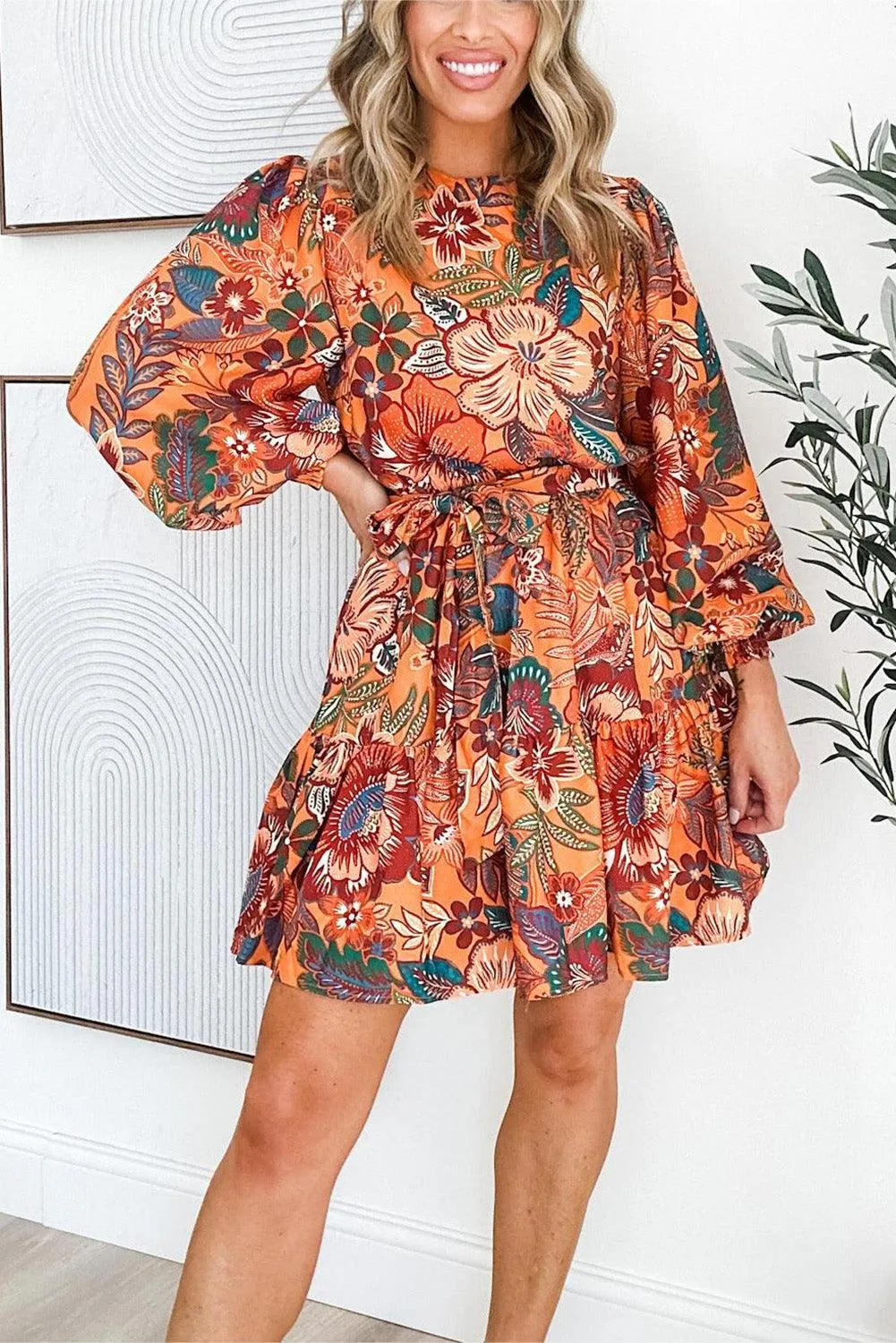 Bubble Sleeve Belted Floral Midi Dress