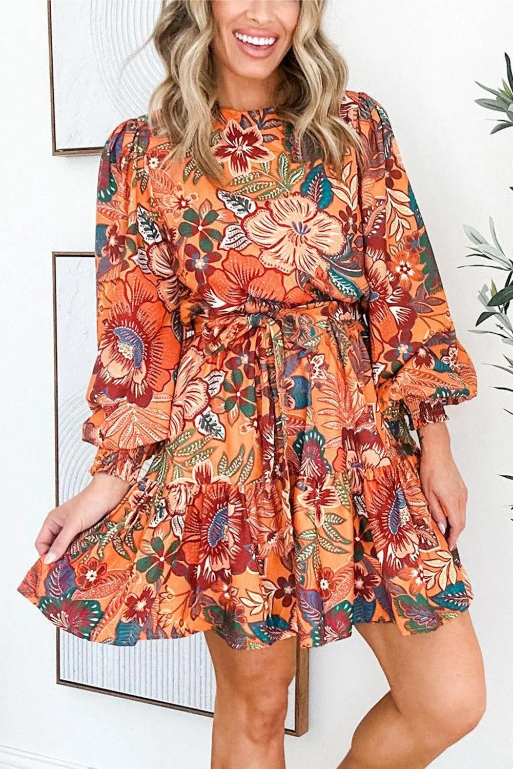 Bubble Sleeve Belted Floral Midi Dress