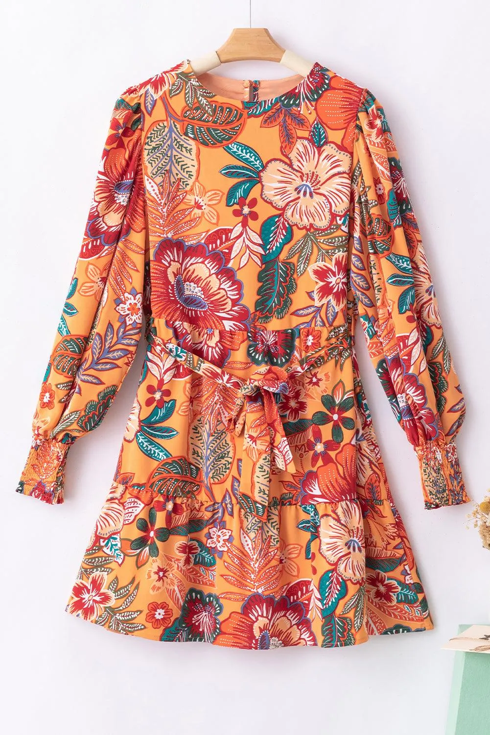 Bubble Sleeve Belted Floral Midi Dress