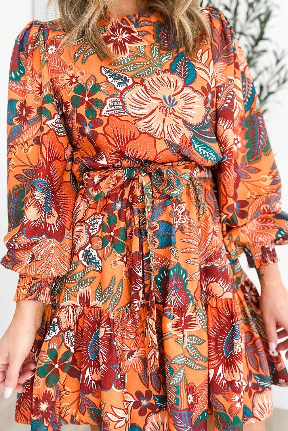 Bubble Sleeve Belted Floral Midi Dress