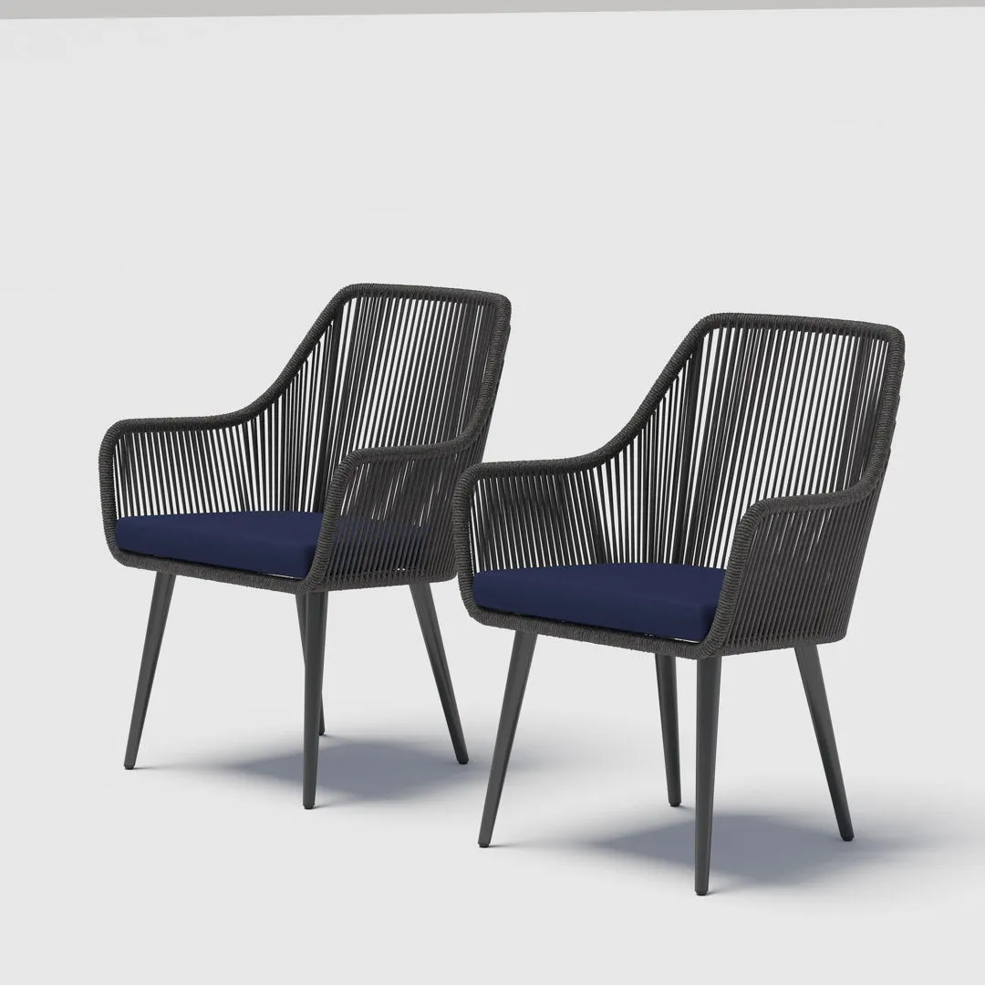 Cassil Patio Dining Armchair with Cushion (Set of 2) Wade Logan® Frame Color/Cushion Color: Black Frame/Navy Cushion