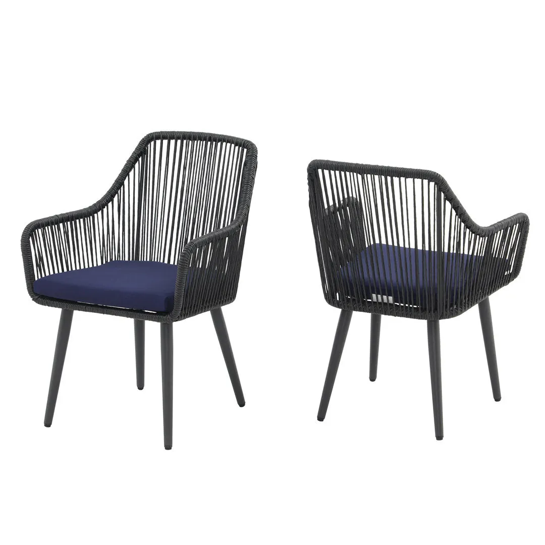 Cassil Patio Dining Armchair with Cushion (Set of 2) Wade Logan® Frame Color/Cushion Color: Black Frame/Navy Cushion