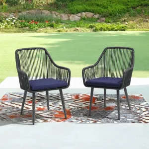 Cassil Patio Dining Armchair with Cushion (Set of 2) Wade Logan® Frame Color/Cushion Color: Black Frame/Navy Cushion