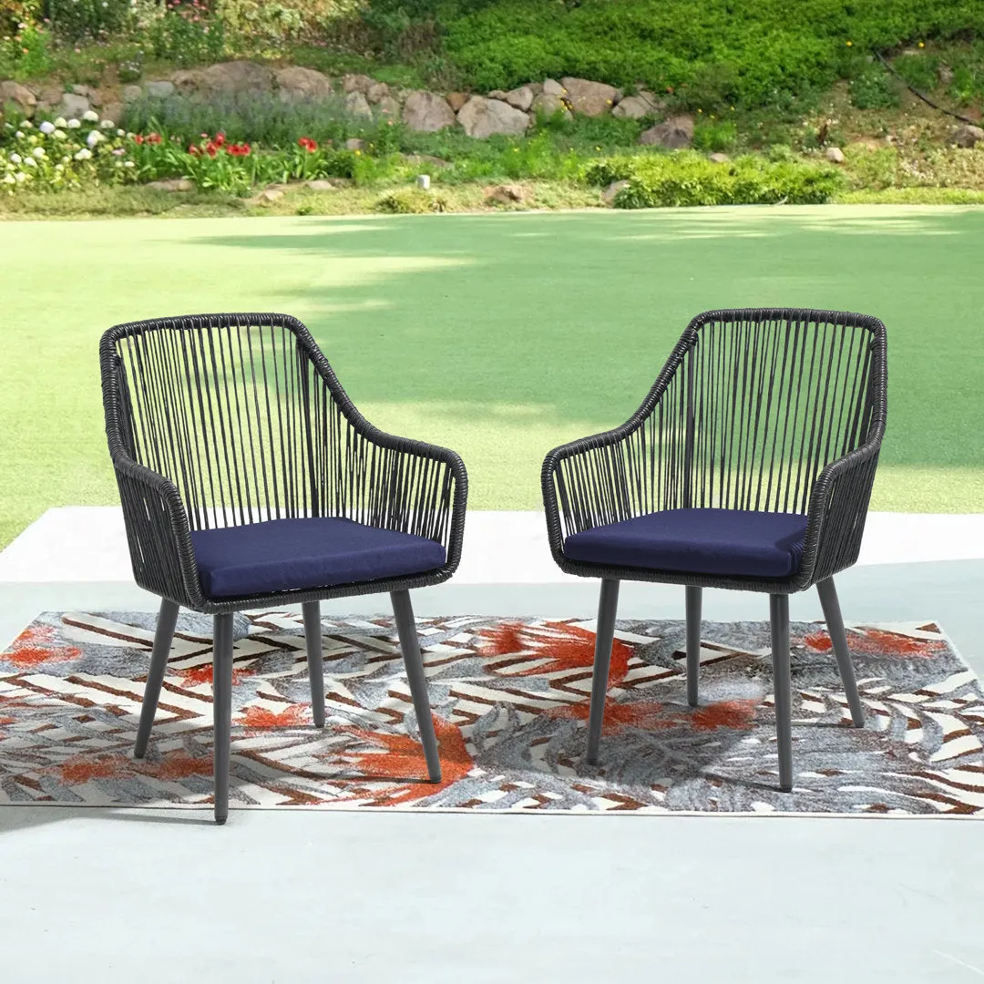 Cassil Patio Dining Armchair with Cushion (Set of 2) Wade Logan® Frame Color/Cushion Color: Black Frame/Navy Cushion