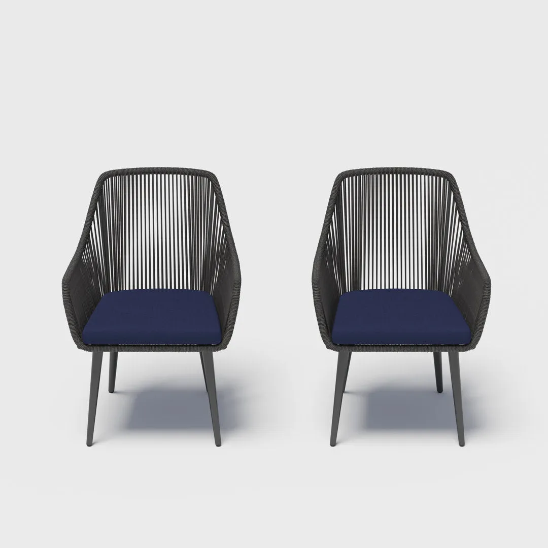 Cassil Patio Dining Armchair with Cushion (Set of 2) Wade Logan® Frame Color/Cushion Color: Black Frame/Navy Cushion