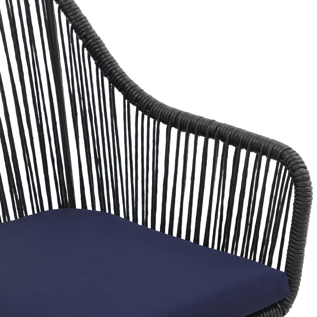 Cassil Patio Dining Armchair with Cushion (Set of 2) Wade Logan® Frame Color/Cushion Color: Black Frame/Navy Cushion