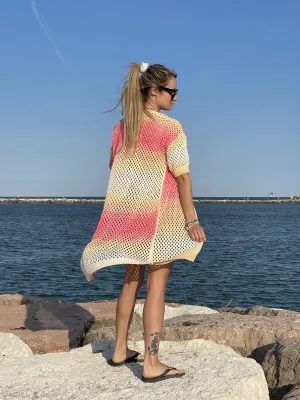 Copricostume giallo e rosa effetto tye-dye