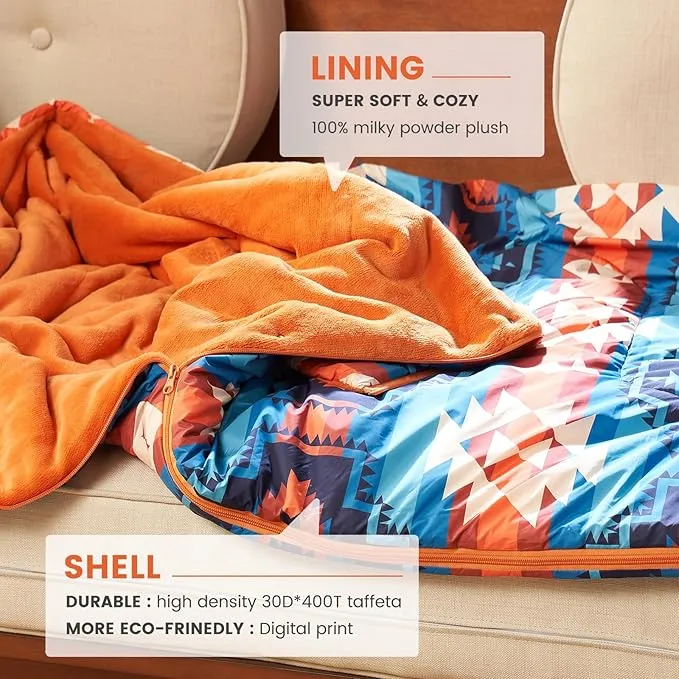 Cozy Bliss Puffy Outdoor Camping Blanket, Sleeping Bag, Picnic Mat-3 in 1 Multi Use, Warm Down Alternative Filled, Lightweight Packable for Hiking Travel Stadium Concerts, Gift for Children 63"x78"