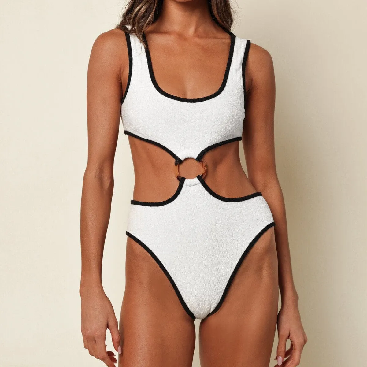 Cream (Black Binded) Terry Rib Ky One-Piece