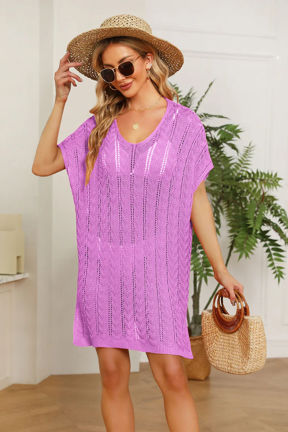 Double Take Openwork Short Sleeve Slit Knit Cover Up (3 Colors)
