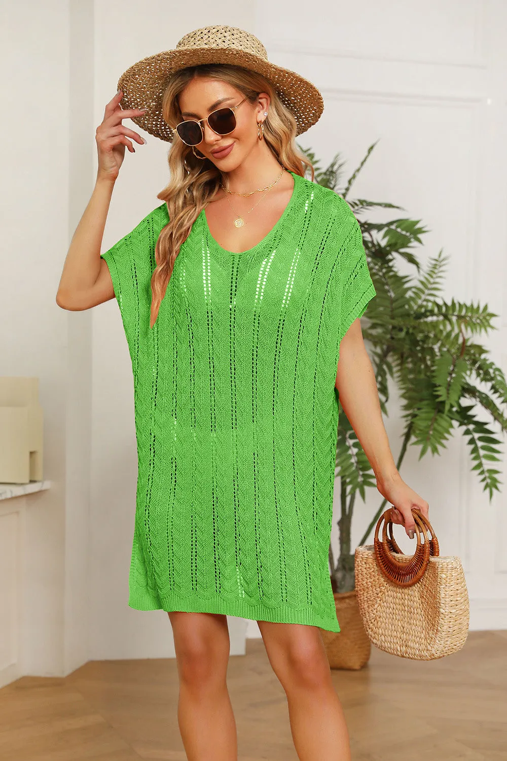 Double Take Openwork Short Sleeve Slit Knit Cover Up (3 Colors)