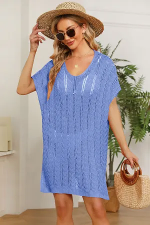Double Take Openwork Short Sleeve Slit Knit Cover Up (3 Colors)
