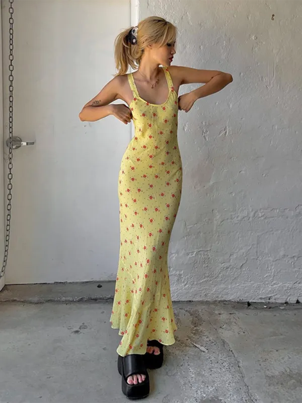 Floral Print Maxi Dress with Spaghetti Straps