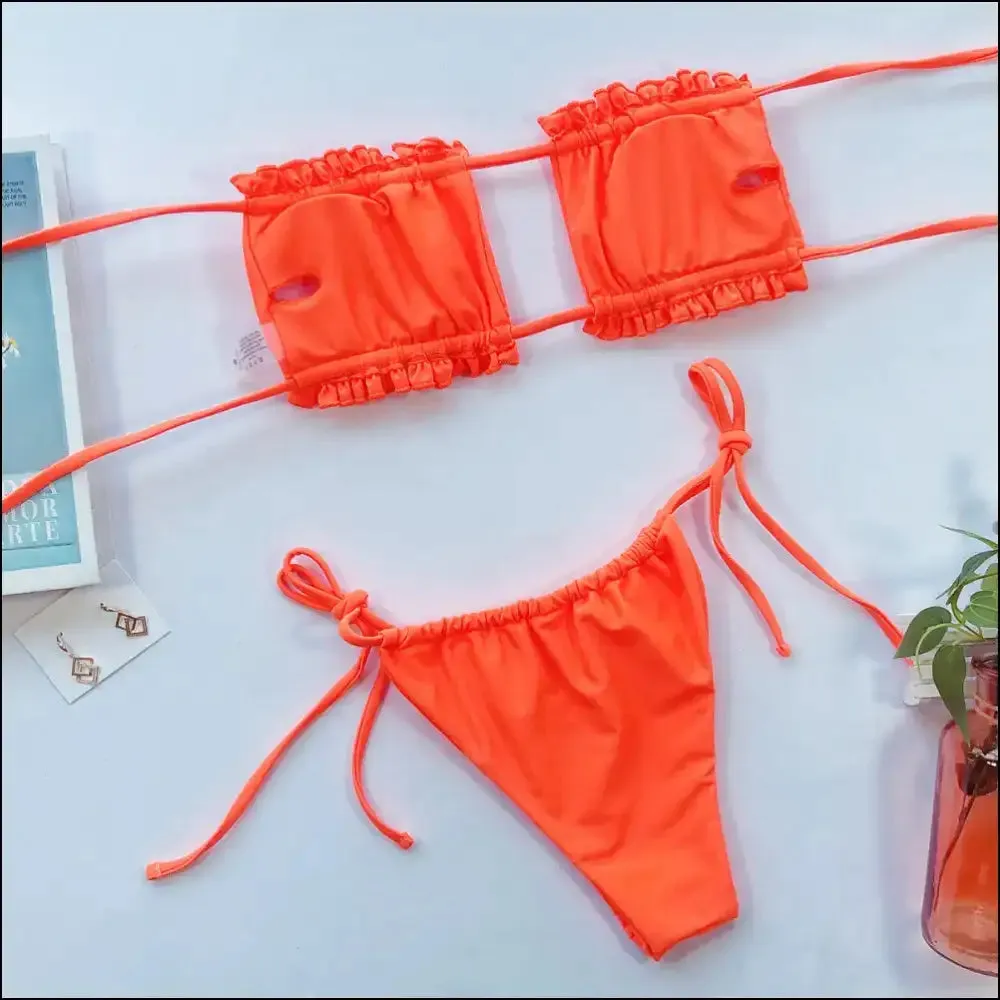 Frill Trim Ruched Bikini Set: Dive Into your Inner Mermaid, no Lifeguard Needed!