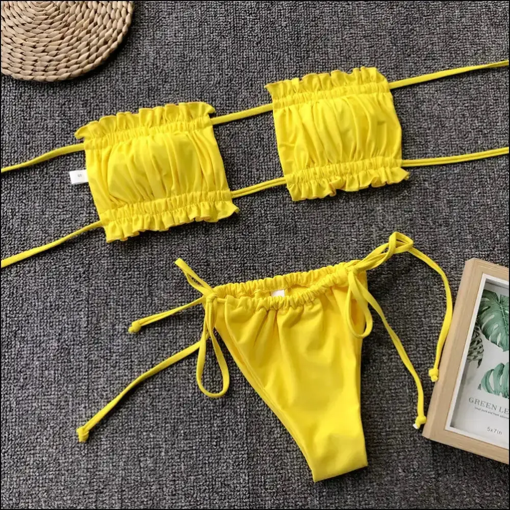 Frill Trim Ruched Bikini Set: Dive Into your Inner Mermaid, no Lifeguard Needed!