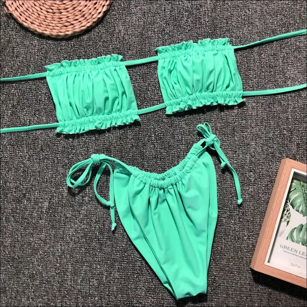 Frill Trim Ruched Bikini Set: Dive Into your Inner Mermaid, no Lifeguard Needed!