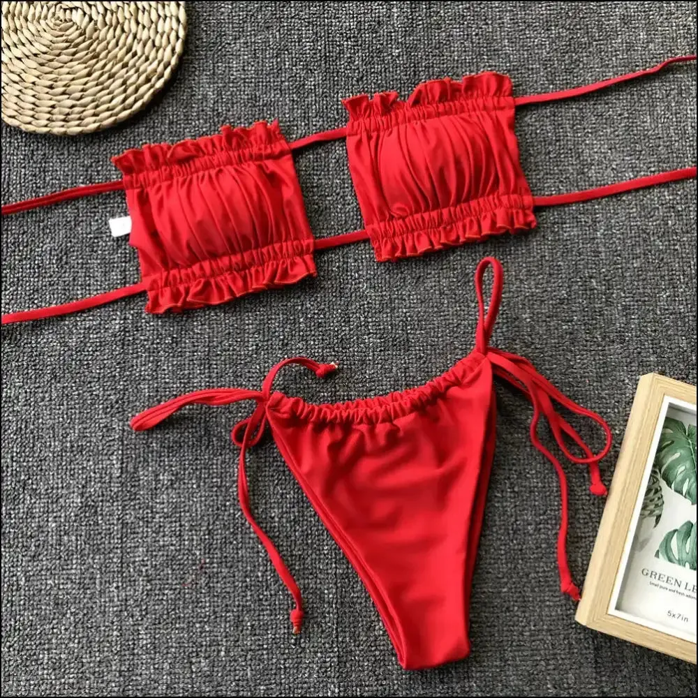 Frill Trim Ruched Bikini Set: Dive Into your Inner Mermaid, no Lifeguard Needed!