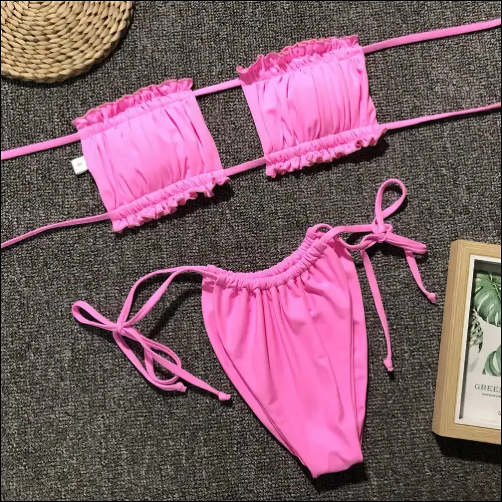 Frill Trim Ruched Bikini Set: Dive Into your Inner Mermaid, no Lifeguard Needed!