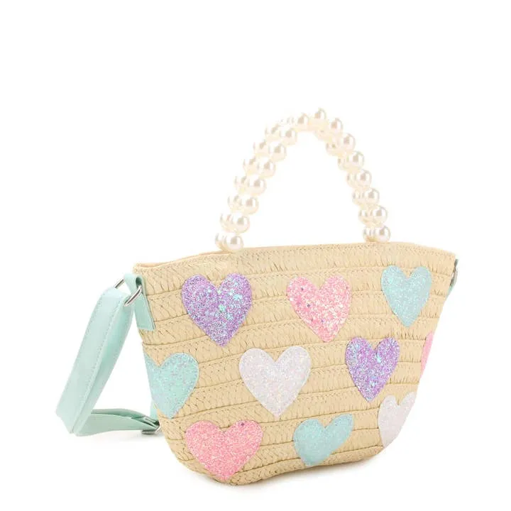 Glitter Hearts Straw Pearl Handle Tote Bag