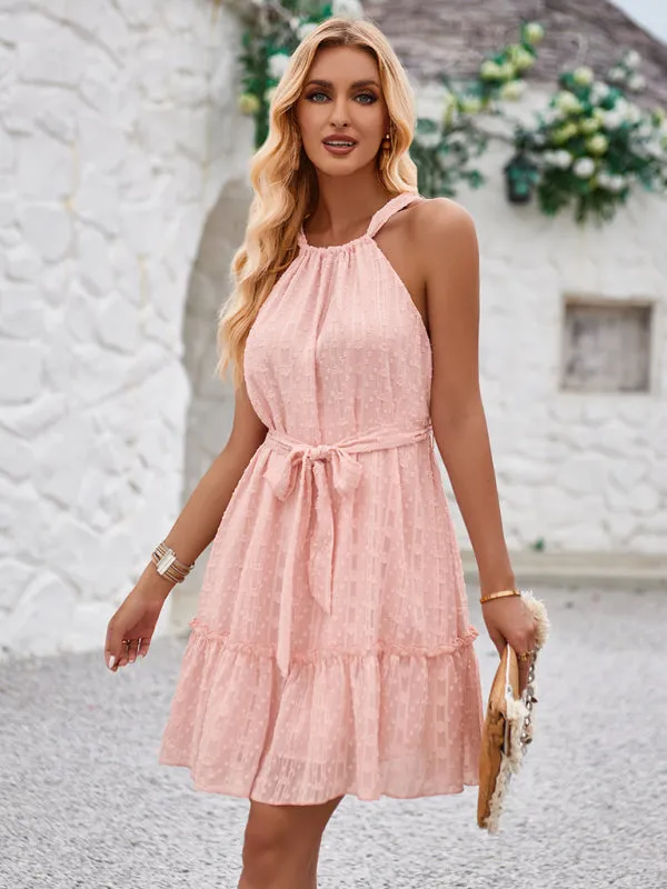Halter Neck Mini Dress with Tiered Skirt and Waist Tie