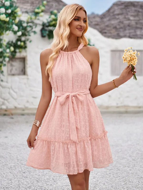 Halter Neck Mini Dress with Tiered Skirt and Waist Tie