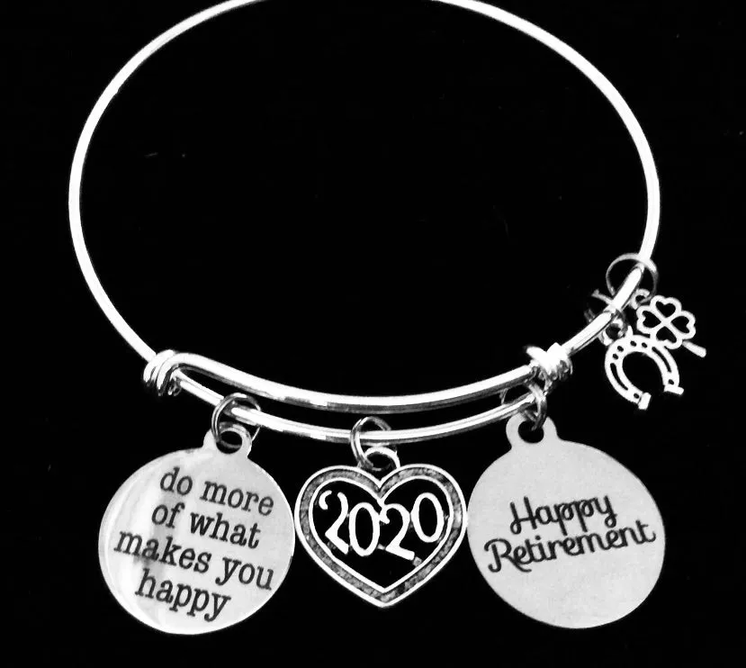 Happy Retirement 2024 Expandable Charm Bracelet Silver Adjustable Wire Bangle One Size Fits All Gift