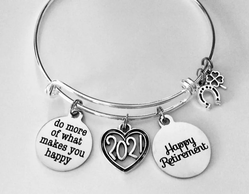 Happy Retirement 2024 Expandable Charm Bracelet Silver Adjustable Wire Bangle One Size Fits All Gift