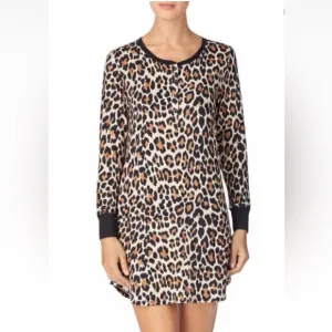 Kate Spade New York Brushed Jersey Brown Animal Print Sleep Long Shirt Sz S NWT