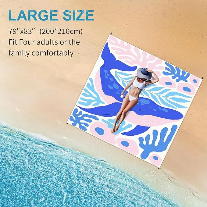 Large Beach Blanket Waterproof Sandproof 79"x 83" for 1-4 Adults,Quick Drying Beach Mat,Lightweight & Durable,Beach Essentials for Family Beach Camping Travel Picnic (Blue Whale)