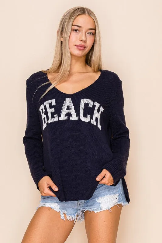 Lightweight Navy Blue Beach Saying Knit V-Neck Sweater Top
