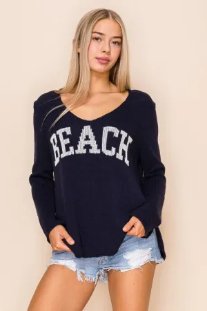 Lightweight Navy Blue Beach Saying Knit V-Neck Sweater Top