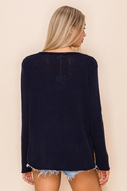 Lightweight Navy Blue Beach Saying Knit V-Neck Sweater Top