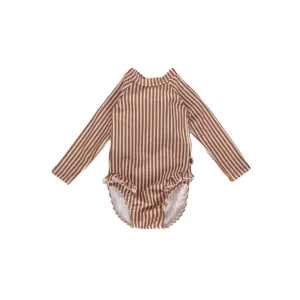 Long-Sleeved Swimsuit with Ruffles - Toasted Nut - Stripes