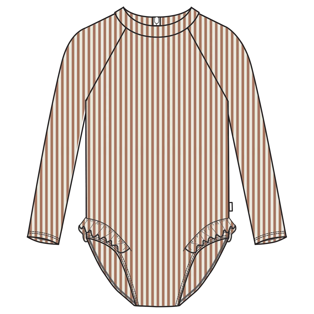 Long-Sleeved Swimsuit with Ruffles - Toasted Nut - Stripes