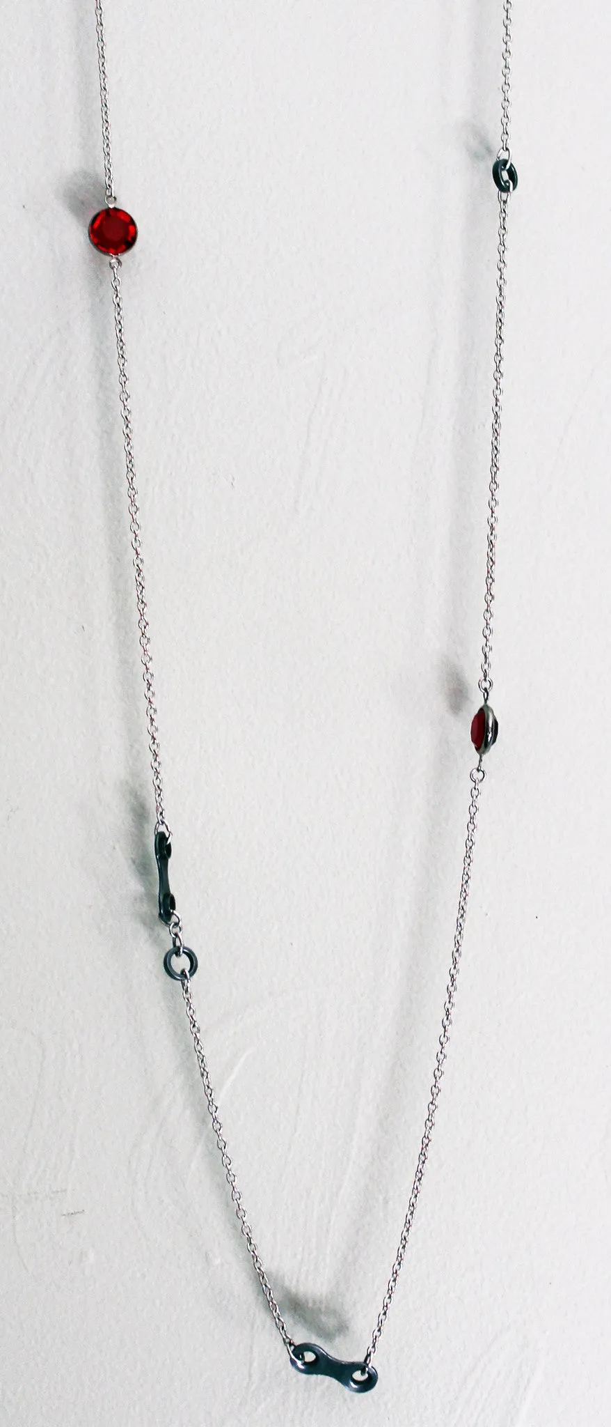 Long Upcycled Bicycle Chain Necklace with Vintage Round Swarovski Crystals