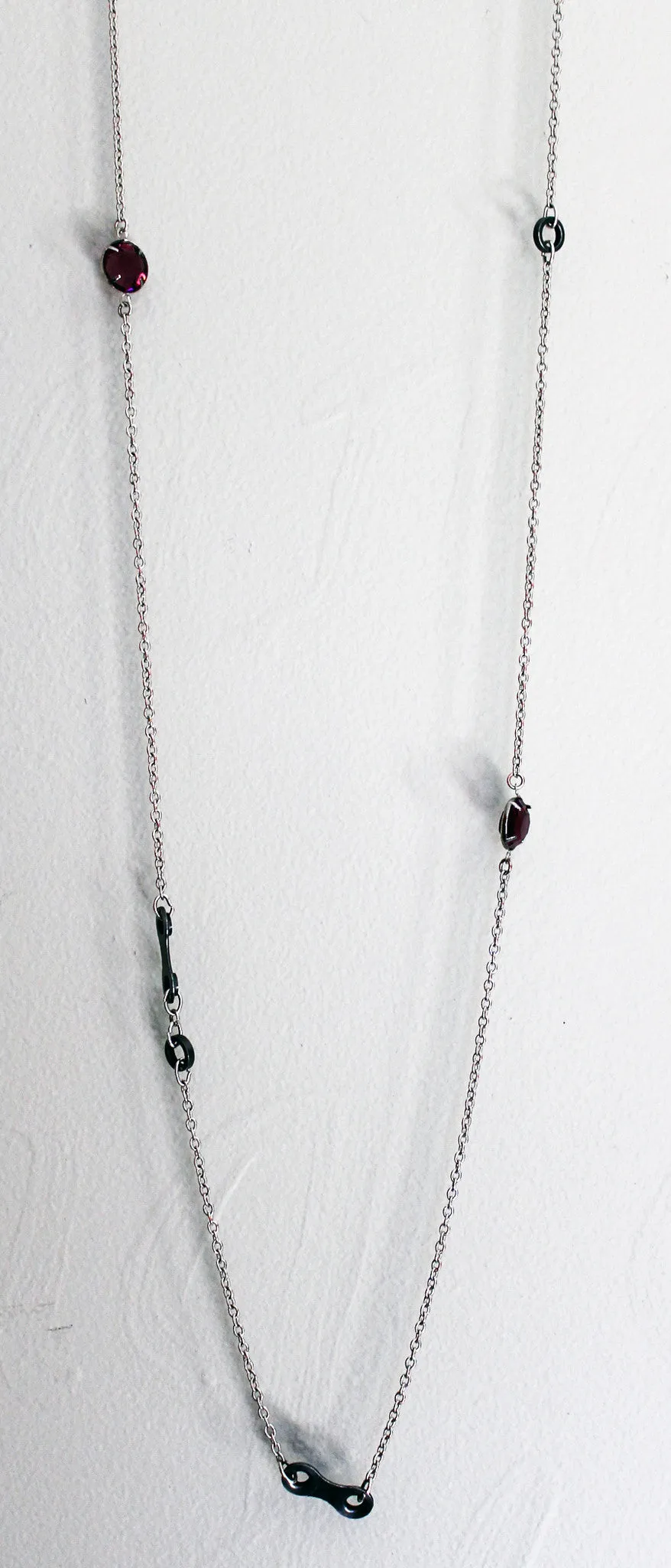 Long Upcycled Bicycle Chain Necklace with Vintage Round Swarovski Crystals